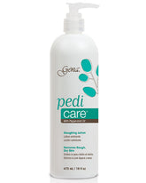 Expansive demonstration of Gena Pedi Care foot exfoliator lotion in 16-ounce pump bottle lay in white background